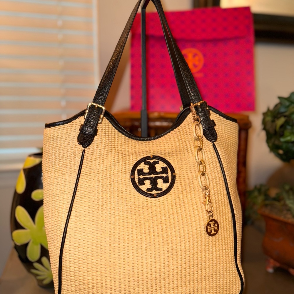 Tory Burch “Ella” Raffia Tote with Black llLeather Trim. ***SOLD***